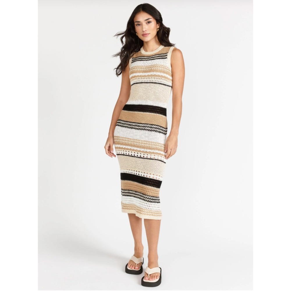 RD Style Crochet Knit Bodycon Dress M Striped Black Tan White Boho Beachy Sexy‎